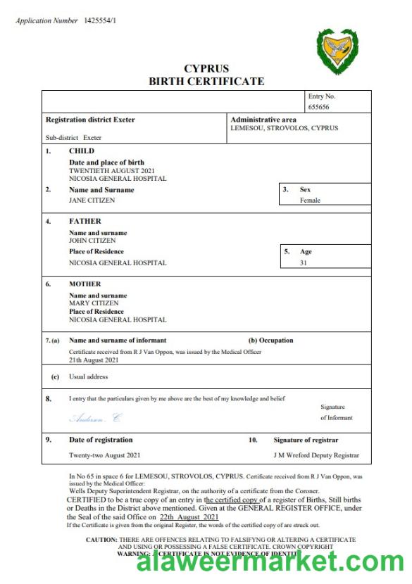 Cyprus birth certificate Word and PDF template
